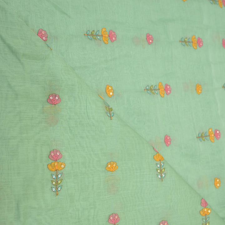 Mint green mul chanderi Embroidered Floral Buti Fabric.