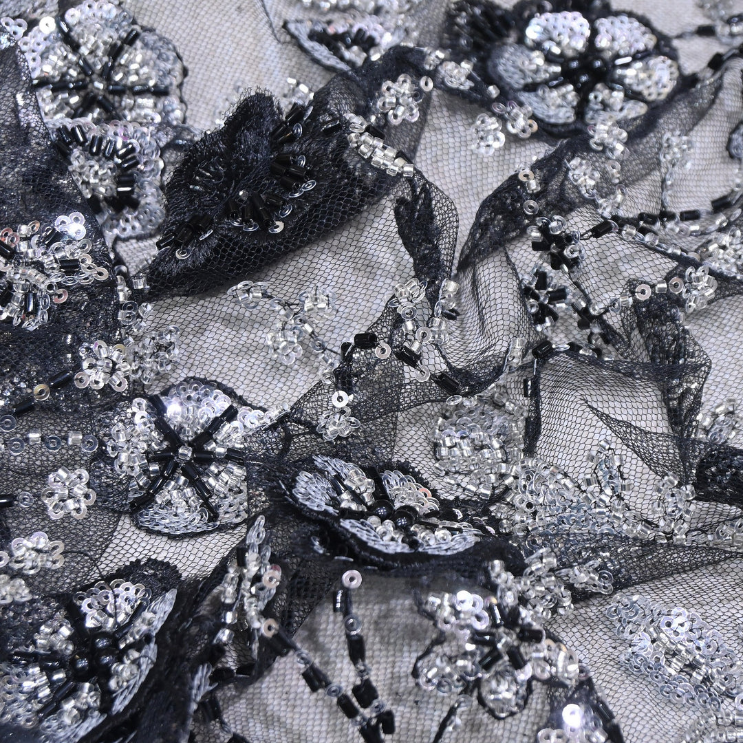 Imported Net Embroidery Fabric with 3D Floral Embroidery with Sequins, Beads, Cutdana & Pearl Detailing 60" | AF6901-05