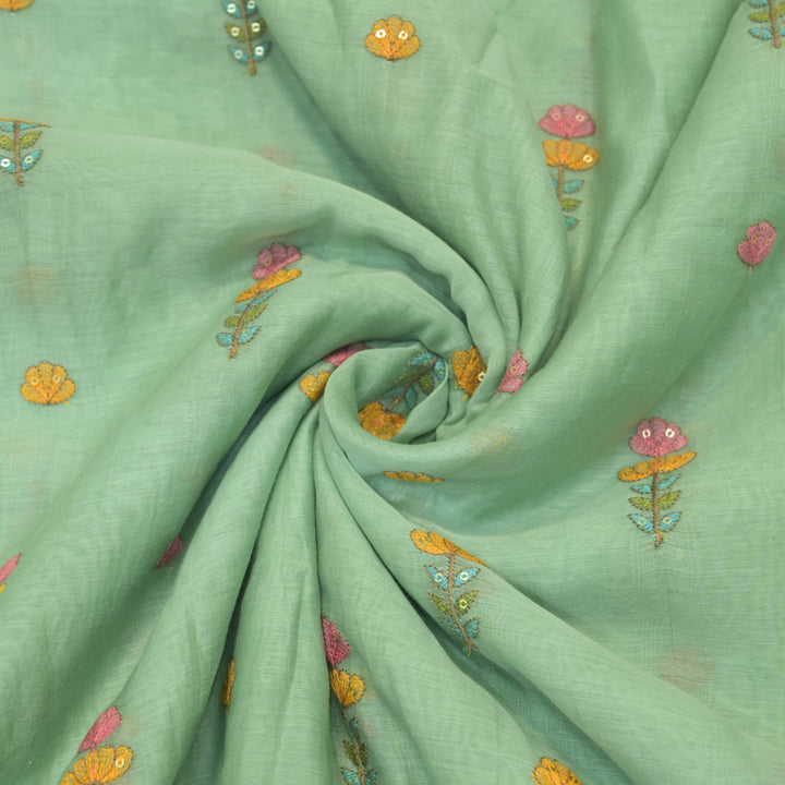 Mint green mul chanderi Embroidered Floral Buti Fabric.