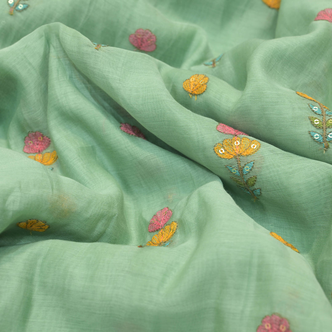 Mint green mul chanderi Embroidered Floral Buti Fabric.