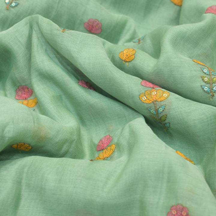 Mint green mul chanderi Embroidered Floral Buti Fabric.