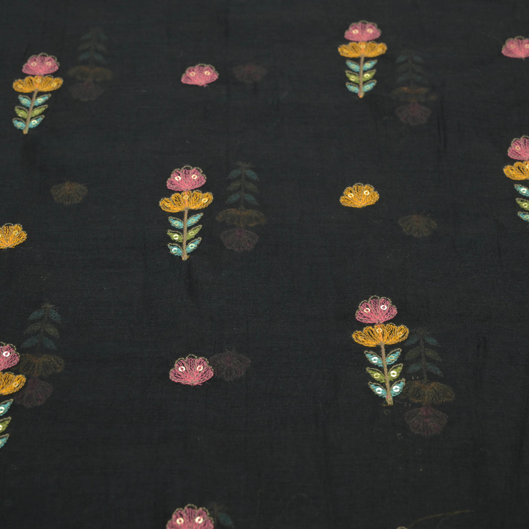 Black mul chanderi Embroidered Floral Buti Fabric.
