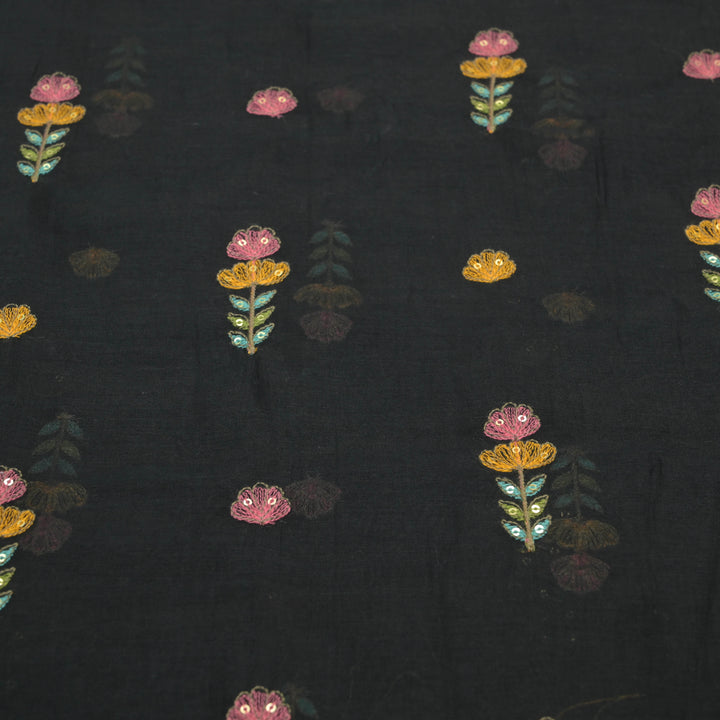 Black mul chanderi Embroidered Floral Buti Fabric.