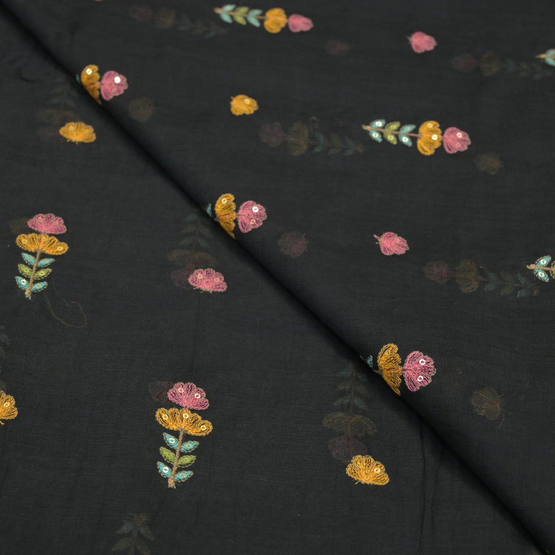Black mul chanderi Embroidered Floral Buti Fabric.
