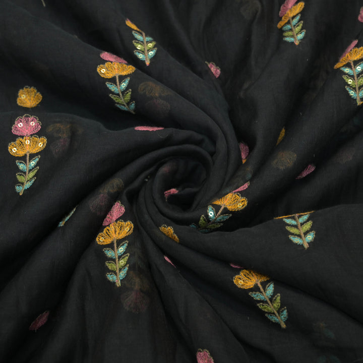 Black mul chanderi Embroidered Floral Buti Fabric.