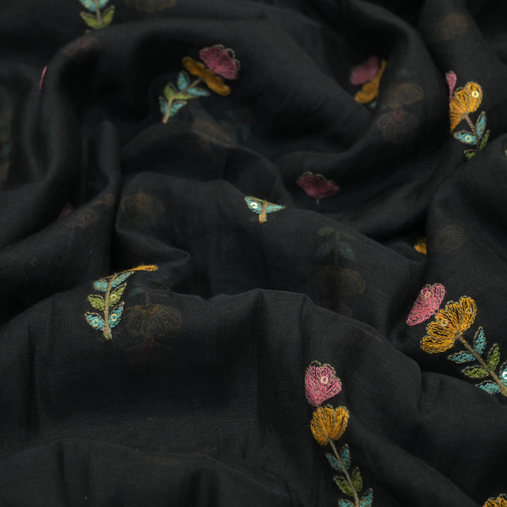 Black mul chanderi Embroidered Floral Buti Fabric.