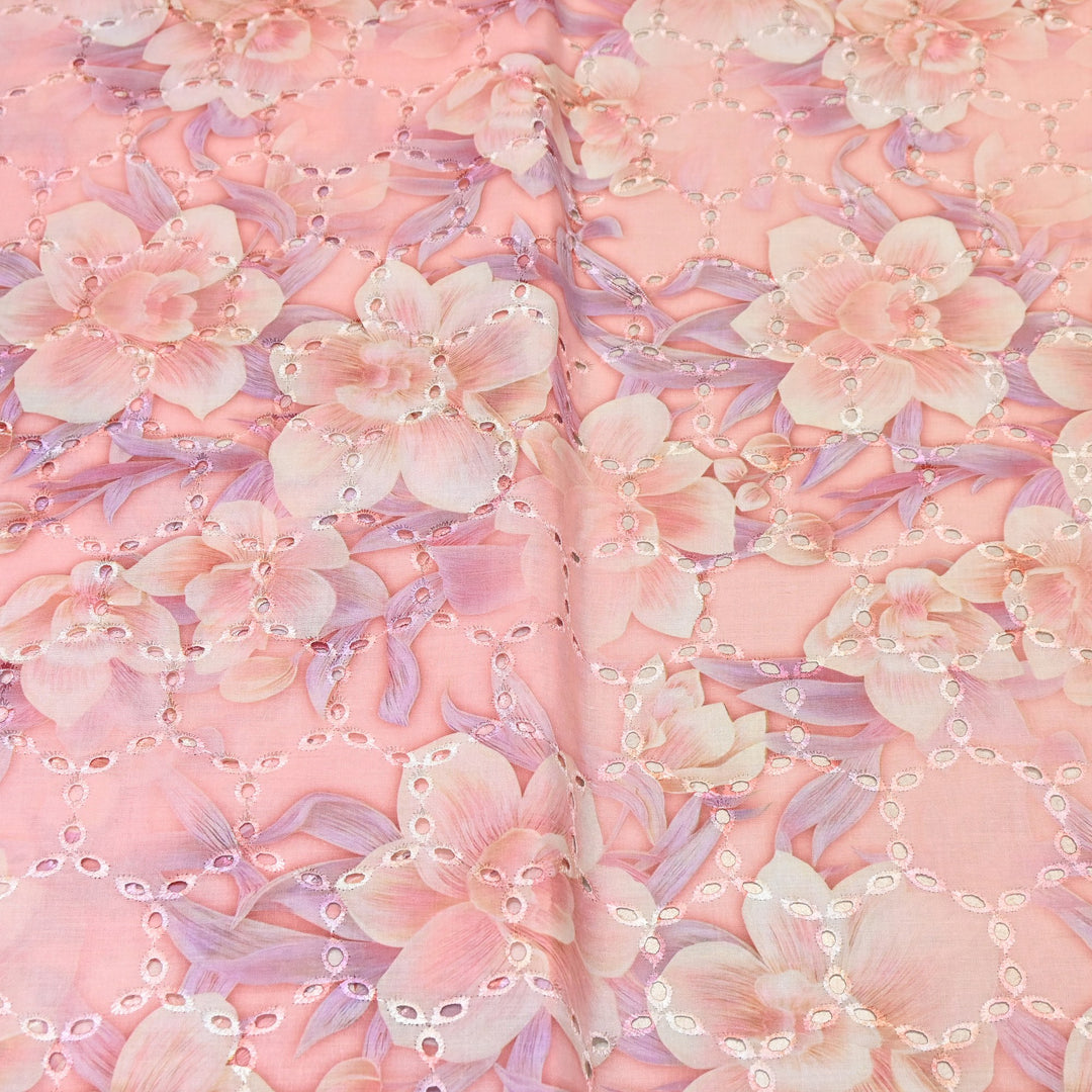 Premium Cotton Cutwork Digital Print Chicken Embroidery Fabric | Floral Designer Cotton Fabric-G16908G-1