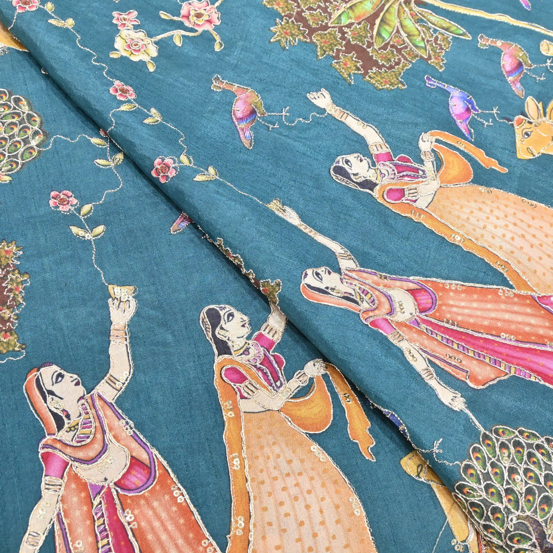 Postion Print Zari Sequins Embroidery Fabrics On Dola Silk