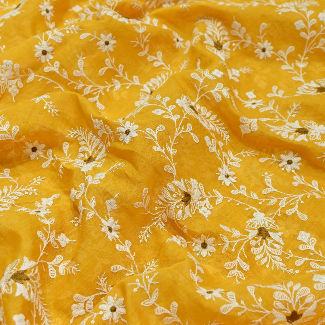 Cotton Chanderi Thread With Sequins Embroidery Fabrics