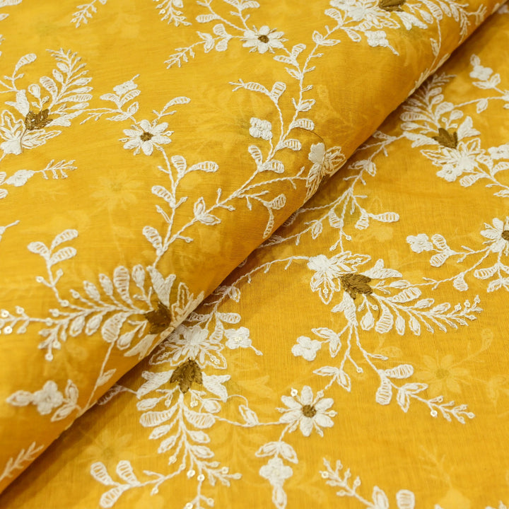 Cotton Chanderi Thread With Sequins Embroidery Fabrics