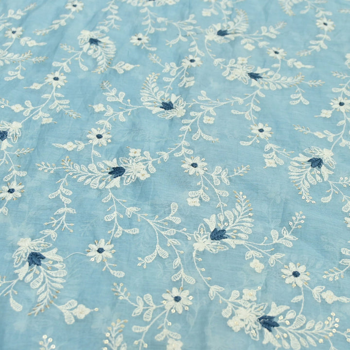 Cotton Chanderi Thread With Sequins Embroidery Fabrics