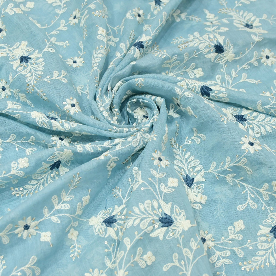 Cotton Chanderi Thread With Sequins Embroidery Fabrics