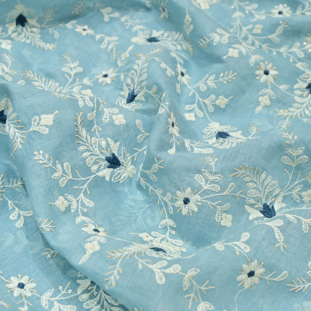 Cotton Chanderi Thread With Sequins Embroidery Fabrics