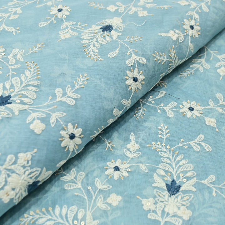 Cotton Chanderi Thread With Sequins Embroidery Fabrics