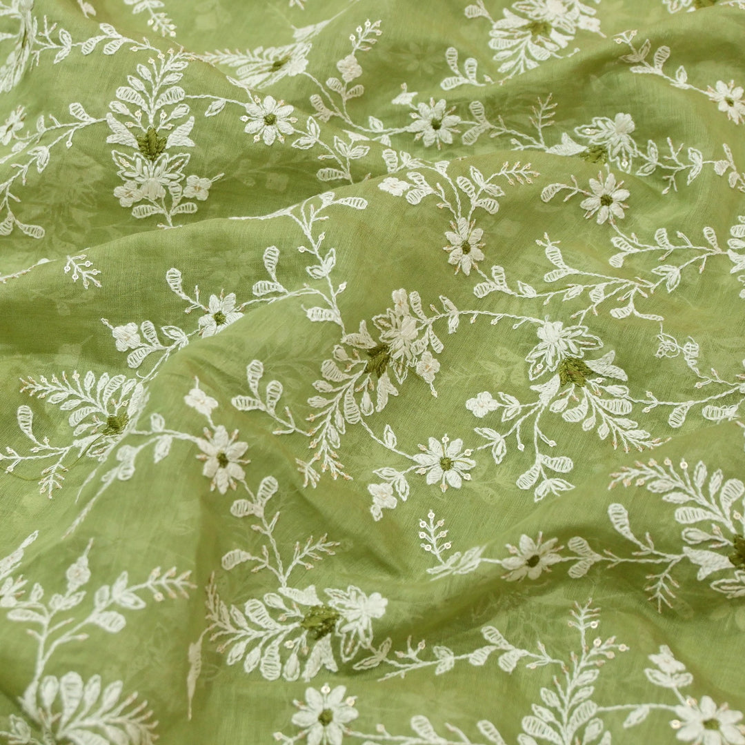 Cotton Chanderi Thread With Sequins Embroidery Fabrics