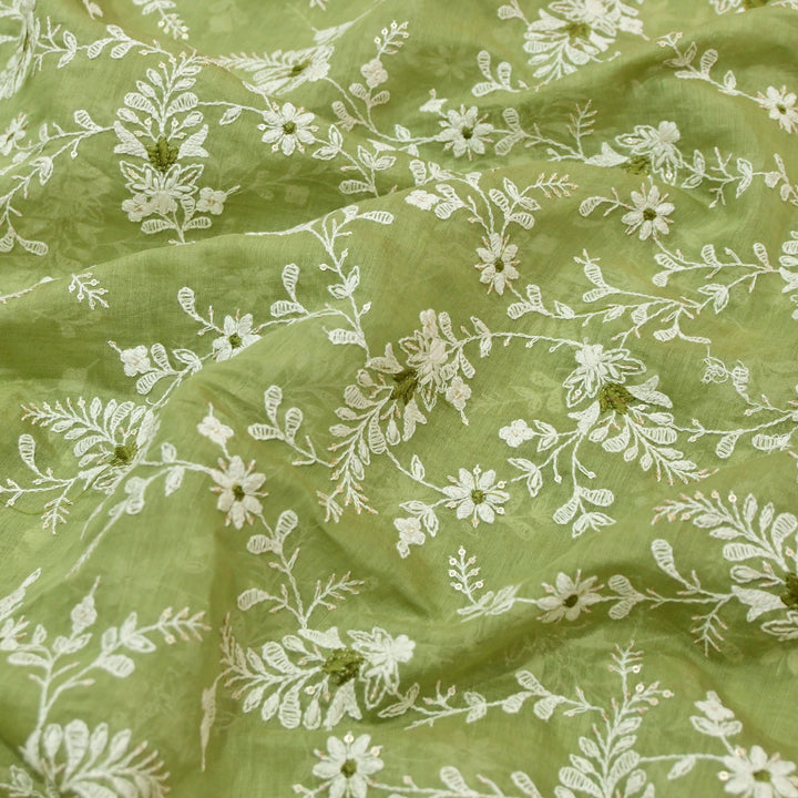 Cotton Chanderi Thread With Sequins Embroidery Fabrics