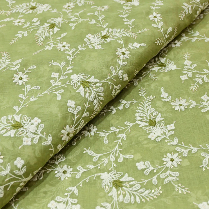 Cotton Chanderi Thread With Sequins Embroidery Fabrics