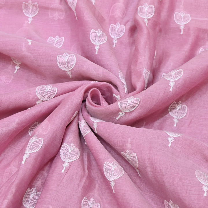Fuchsia Pink Mul Chanderi Fabric with Thread Embroidery