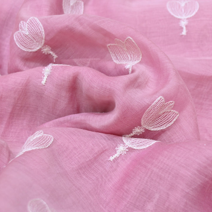 Fuchsia Pink Mul Chanderi Fabric with Thread Embroidery