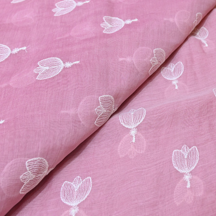 Fuchsia Pink Mul Chanderi Fabric with Thread Embroidery