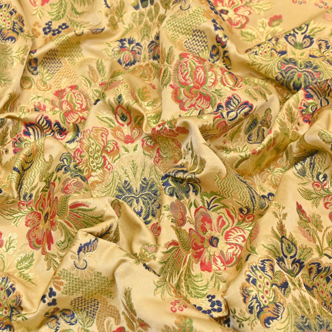 Satin Kimkhab Multi Brocade Fabric | Heavy Luxury Zari Woven Designer Fabric | RS0022-2