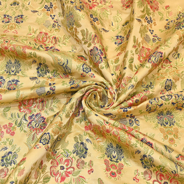 Satin Kimkhab Multi Brocade Fabric | Heavy Luxury Zari Woven Designer Fabric | RS0022-2