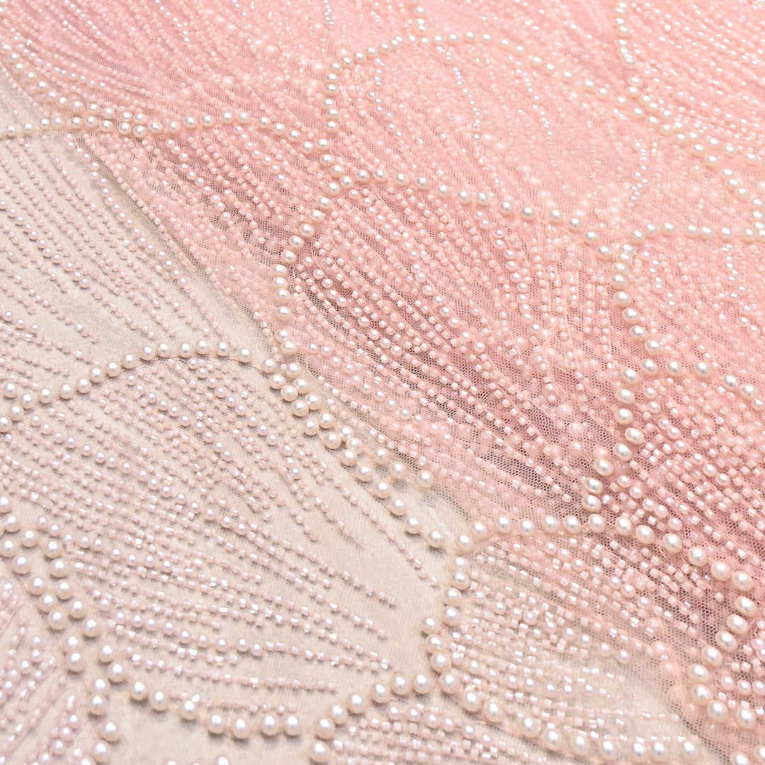 Blush Pink Color Imported Heavy Cut Dana & Pearl Embroidered Designer Net Fabric- MG3729-3
