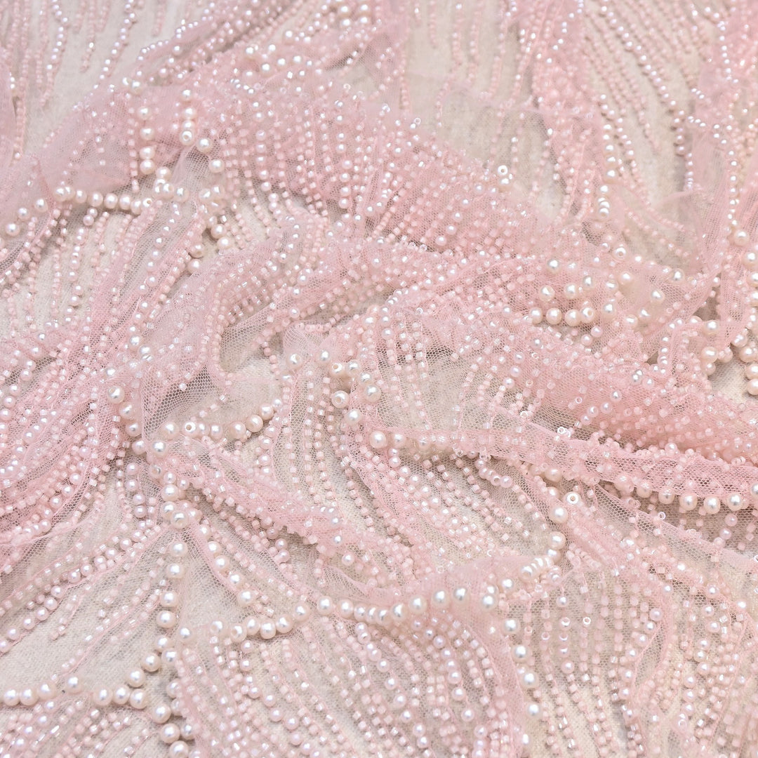 Blush Pink Color Imported Heavy Cut Dana & Pearl Embroidered Designer Net Fabric- MG3729-3