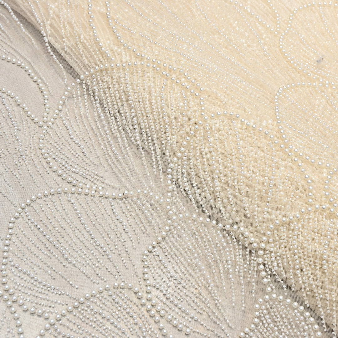 Pearl Ivory Color Imported Heavy Cut Dana & Pearl Embroidered Designer Net Fabric- MG3729-4