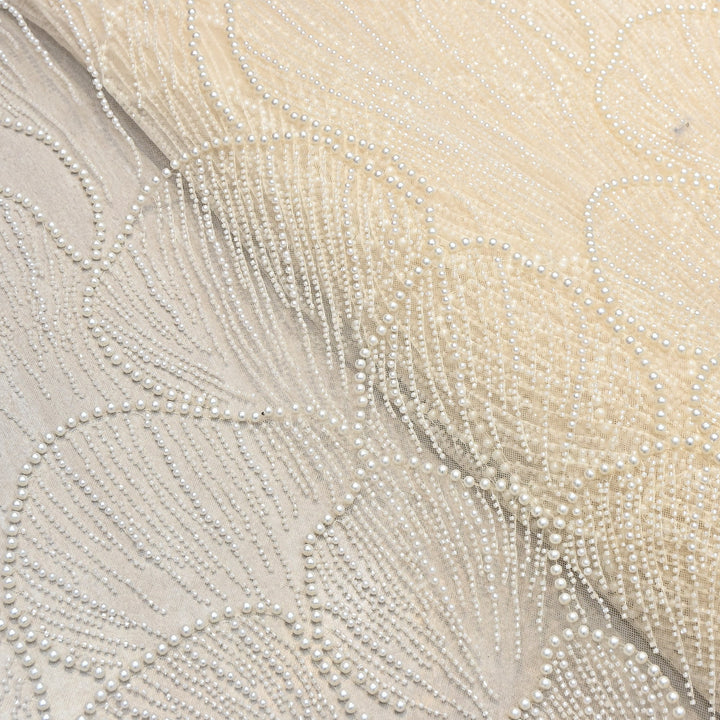 Pearl Ivory Color Imported Heavy Cut Dana & Pearl Embroidered Designer Net Fabric- MG3729-4