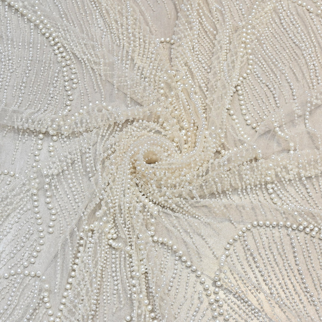 Pearl Ivory Color Imported Heavy Cut Dana & Pearl Embroidered Designer Net Fabric- MG3729-4