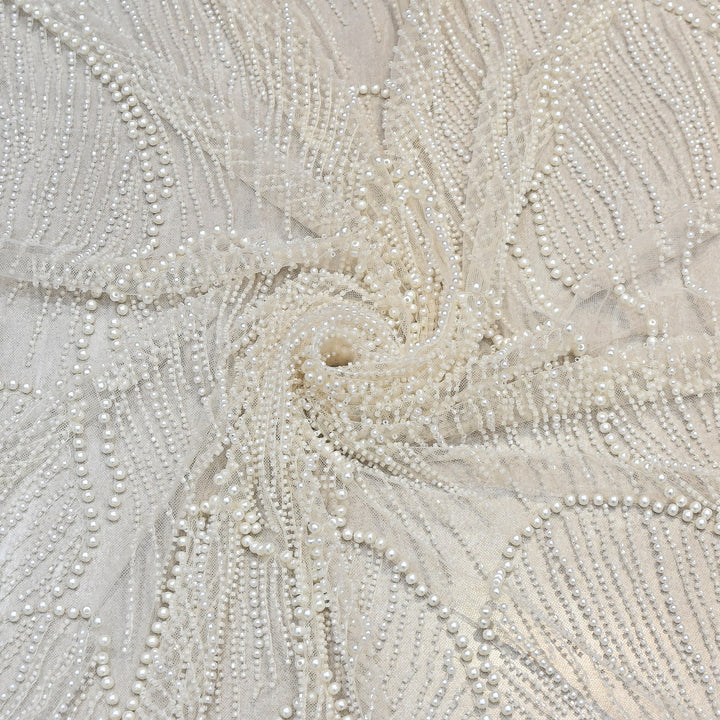 Pearl Ivory Color Imported Heavy Cut Dana & Pearl Embroidered Designer Net Fabric- MG3729-4