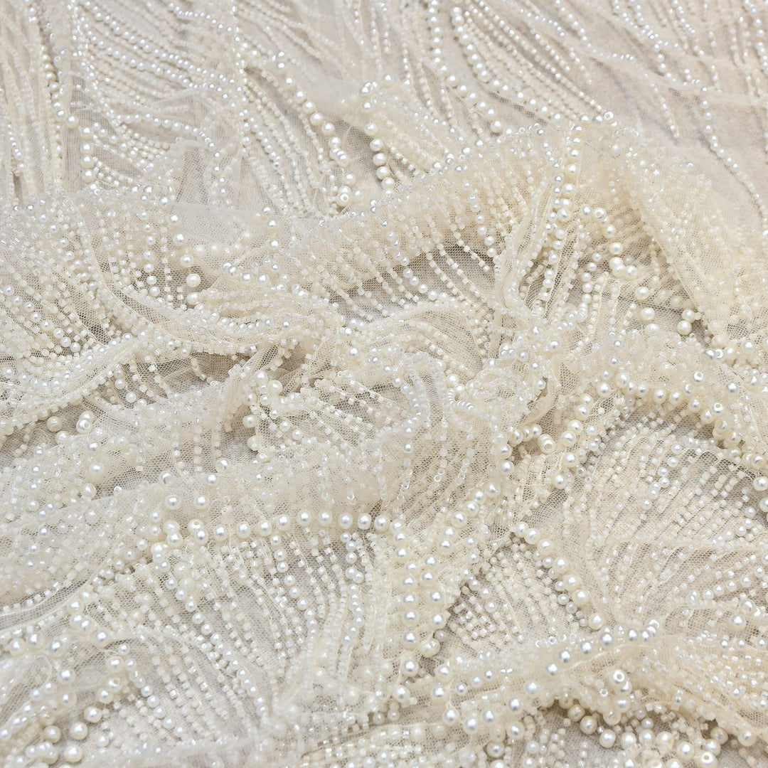 Pearl Ivory Color Imported Heavy Cut Dana & Pearl Embroidered Designer Net Fabric- MG3729-4