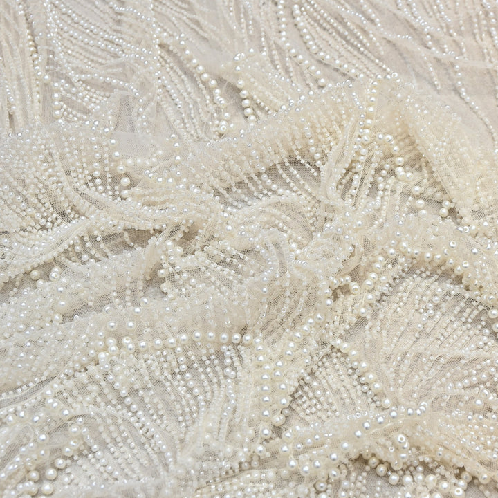 Pearl Ivory Color Imported Heavy Cut Dana & Pearl Embroidered Designer Net Fabric- MG3729-4