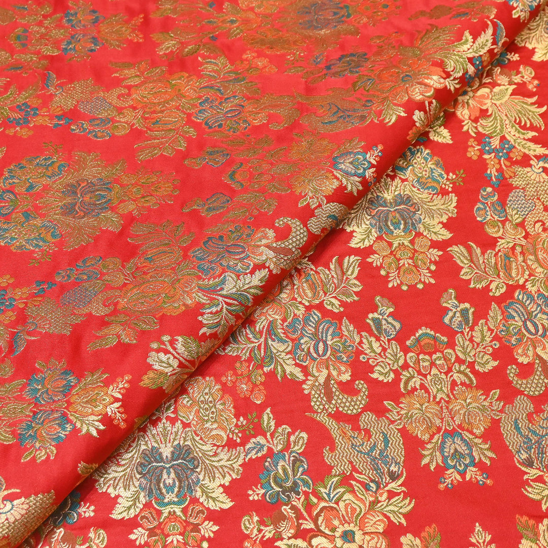 Satin Kimkhab Multi Brocade Fabric | Heavy Luxury Zari Woven Designer Fabric | RS0022-9