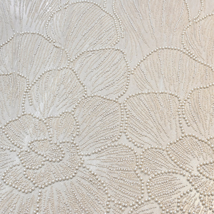 Champagne Beige Color Imported Heavy Cut Dana & Pearl Embroidered Designer Net Fabric- MG3729-2