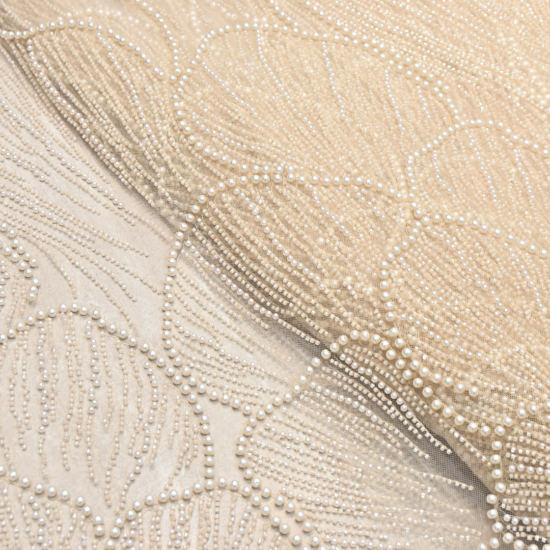 Champagne Beige Color Imported Heavy Cut Dana & Pearl Embroidered Designer Net Fabric- MG3729-2