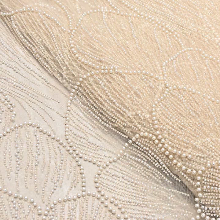 Champagne Beige Color Imported Heavy Cut Dana & Pearl Embroidered Designer Net Fabric- MG3729-2