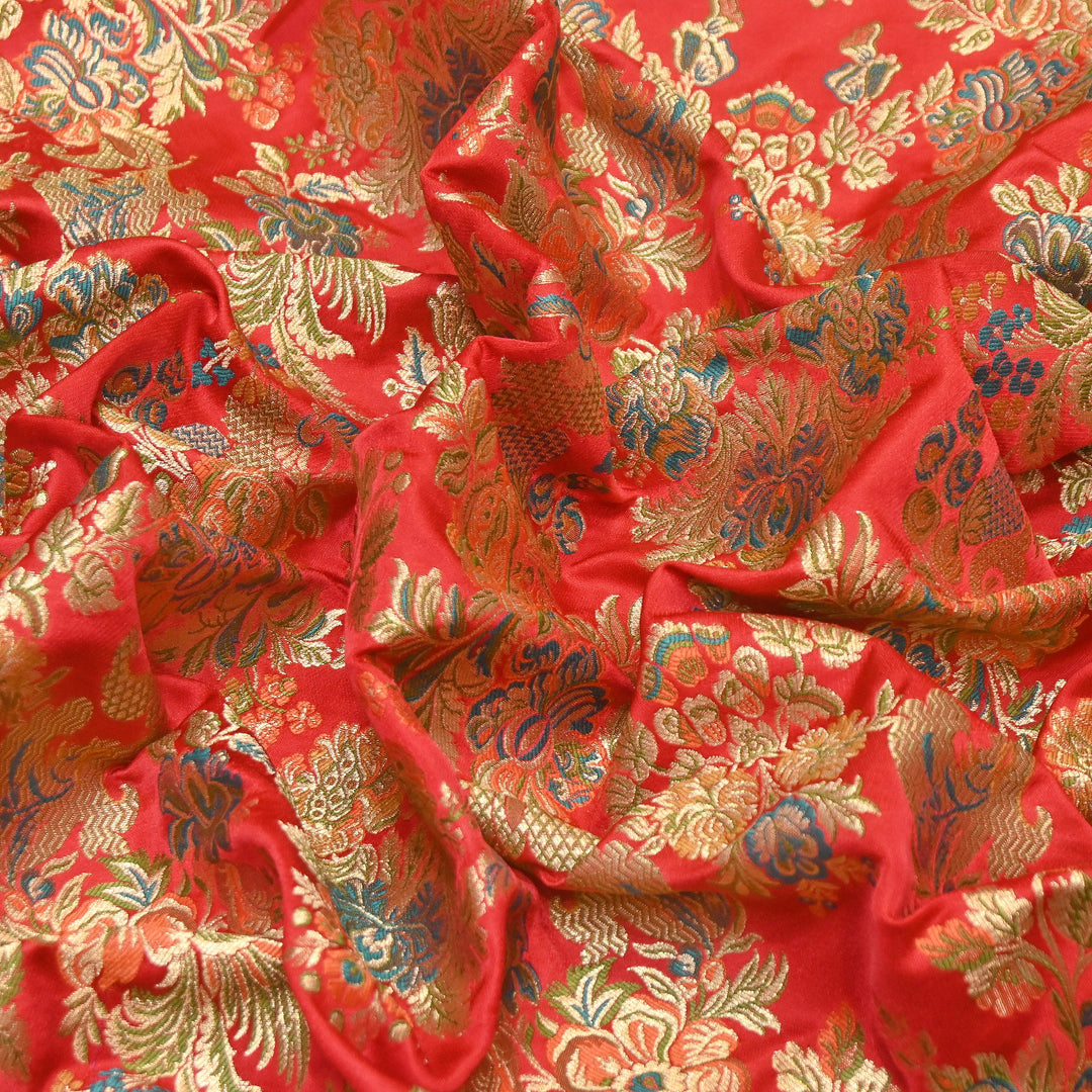 Satin Kimkhab Multi Brocade Fabric | Heavy Luxury Zari Woven Designer Fabric | RS0022-9