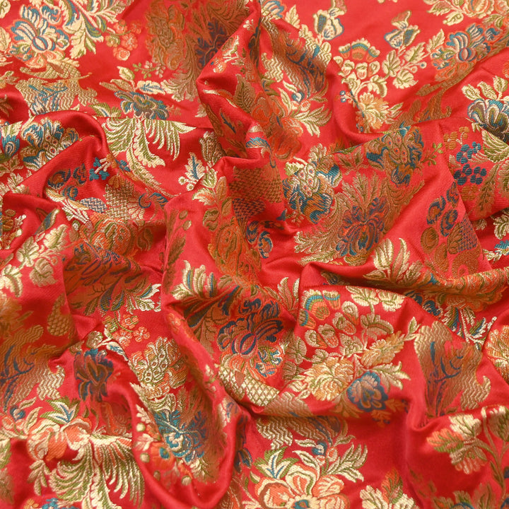 Satin Kimkhab Multi Brocade Fabric | Heavy Luxury Zari Woven Designer Fabric | RS0022-9