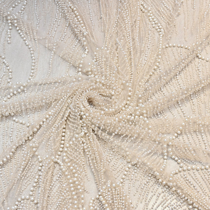 Champagne Beige Color Imported Heavy Cut Dana & Pearl Embroidered Designer Net Fabric- MG3729-2