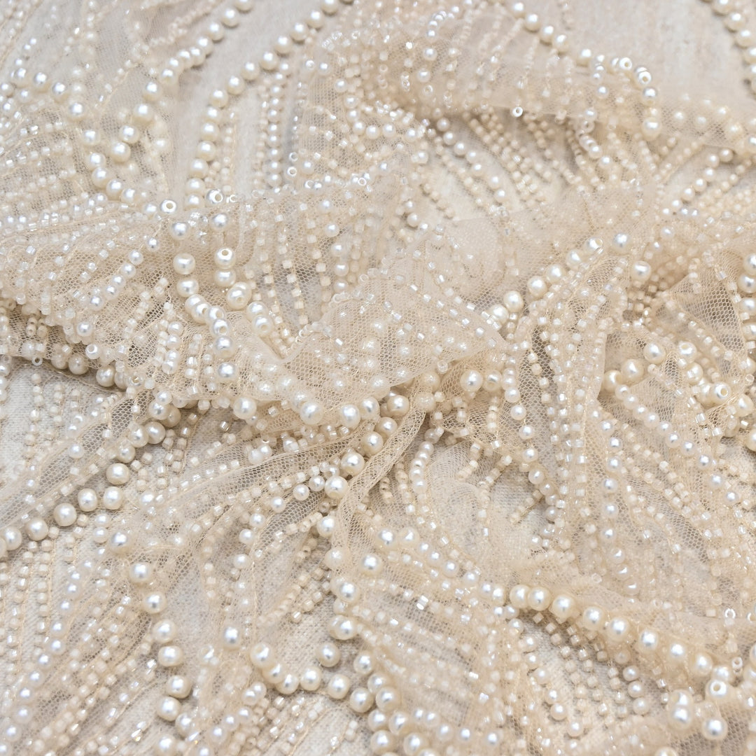 Champagne Beige Color Imported Heavy Cut Dana & Pearl Embroidered Designer Net Fabric- MG3729-2