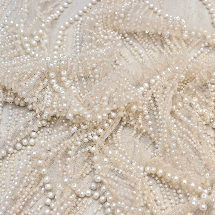 Champagne Beige Color Imported Heavy Cut Dana & Pearl Embroidered Designer Net Fabric- MG3729-2