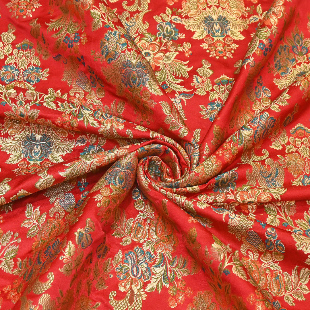 Satin Kimkhab Multi Brocade Fabric | Heavy Luxury Zari Woven Designer Fabric | RS0022-9