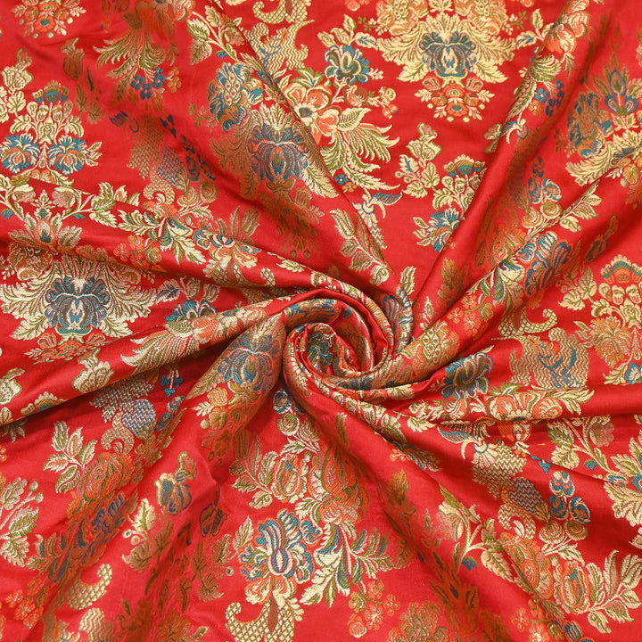 Satin Kimkhab Multi Brocade Fabric | Heavy Luxury Zari Woven Designer Fabric | RS0022-9