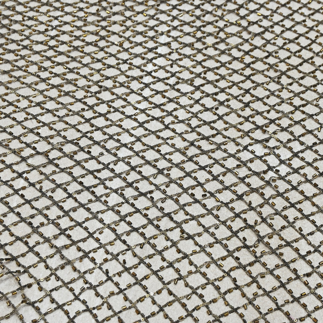Luxury Antique Bronze Heavy Hand Beaded Net Fabric with Bugle Beads & Sequins | Designer Couture Fabric- 25151B-1