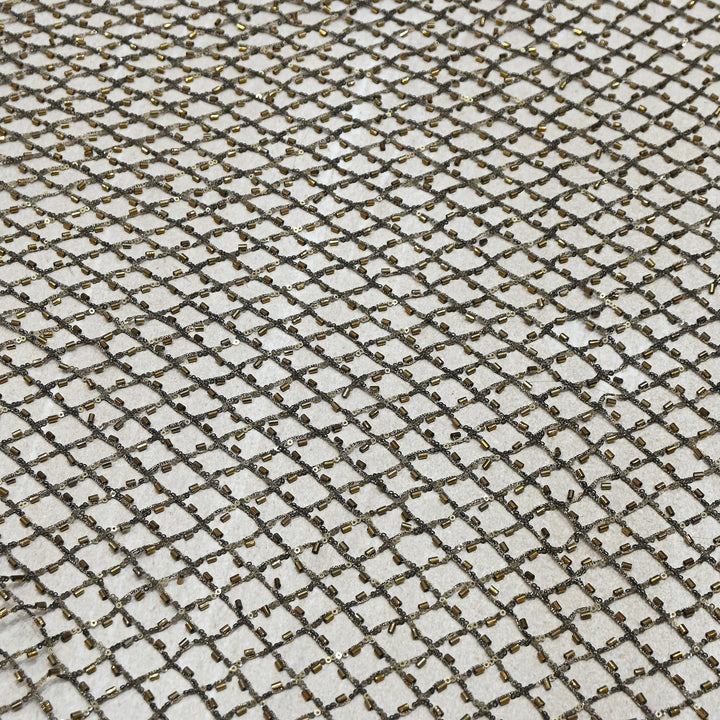 Luxury Antique Bronze Heavy Hand Beaded Net Fabric with Bugle Beads & Sequins | Designer Couture Fabric- 25151B-1