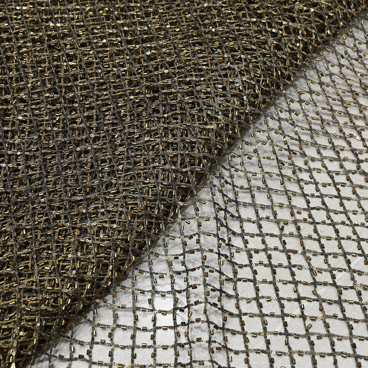 Luxury Antique Bronze Heavy Hand Beaded Net Fabric with Bugle Beads & Sequins | Designer Couture Fabric- 25151B-1