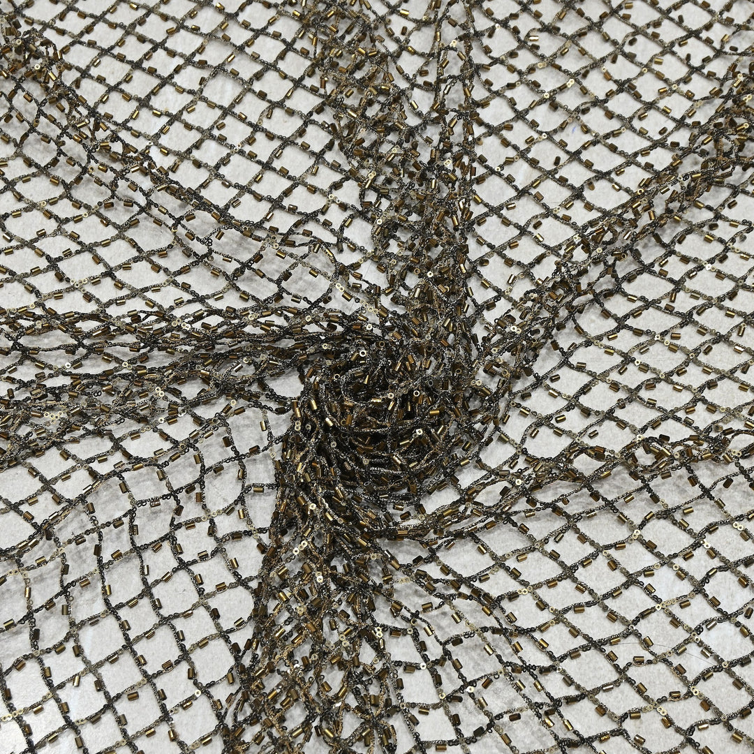 Luxury Antique Bronze Heavy Hand Beaded Net Fabric with Bugle Beads & Sequins | Designer Couture Fabric- 25151B-1