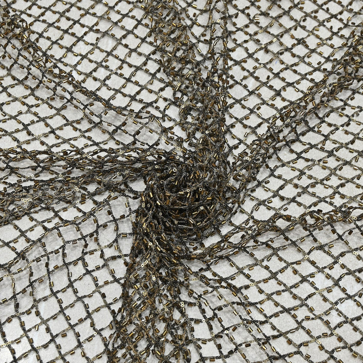 Luxury Antique Bronze Heavy Hand Beaded Net Fabric with Bugle Beads & Sequins | Designer Couture Fabric- 25151B-1